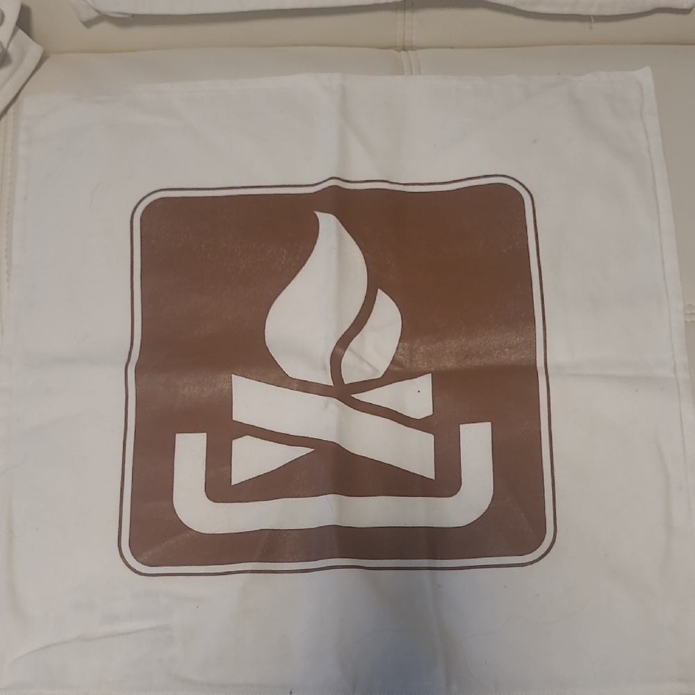 Brown and White Campfire Logo Pillow Cover